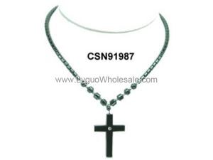 Hematite Cross Pendant Beads Stone Chain Choker Fashion Women Necklace